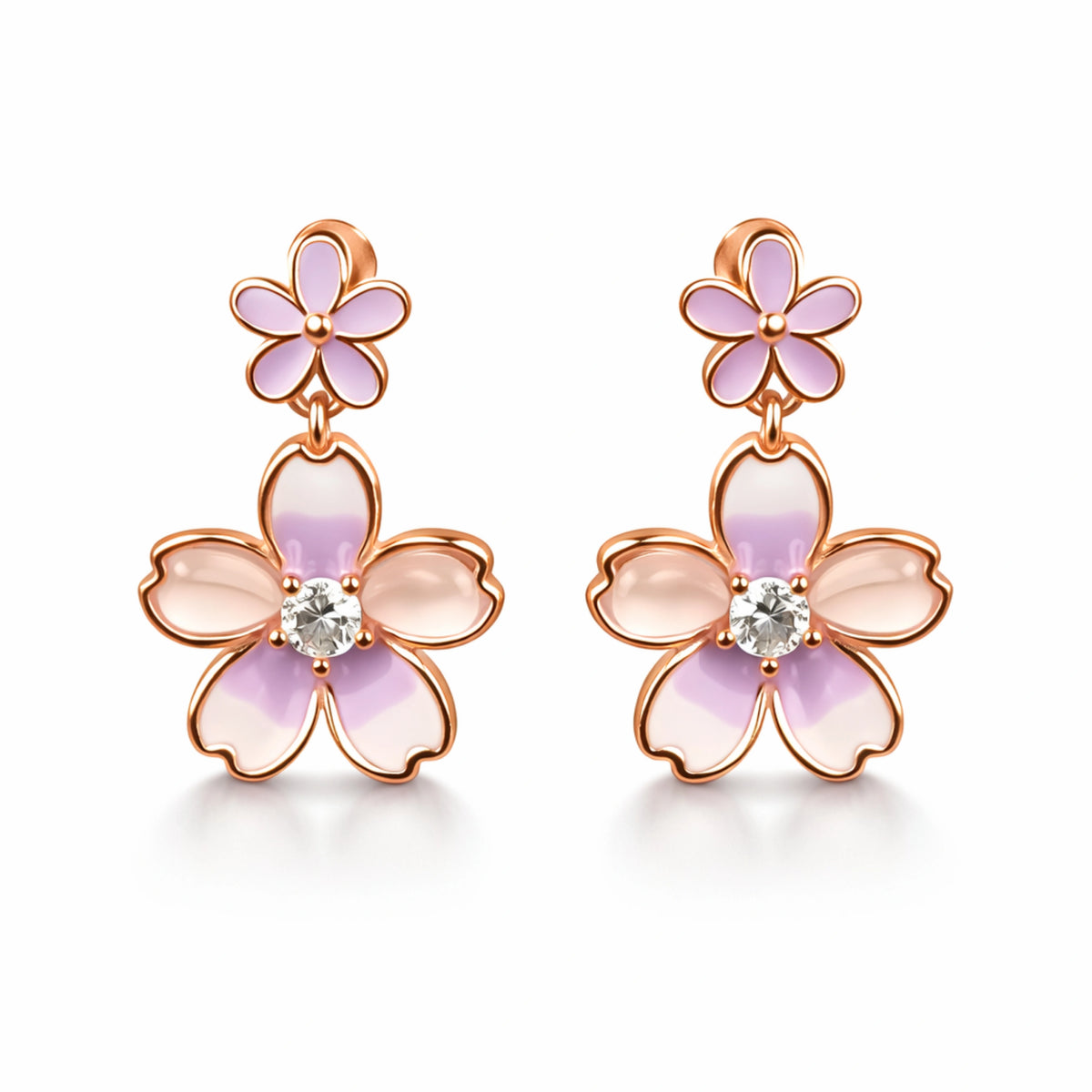 925 Sterling Silver Rose Gold Floral Drop Earrings | Pastel Enamel Flower Dangle with Crystal