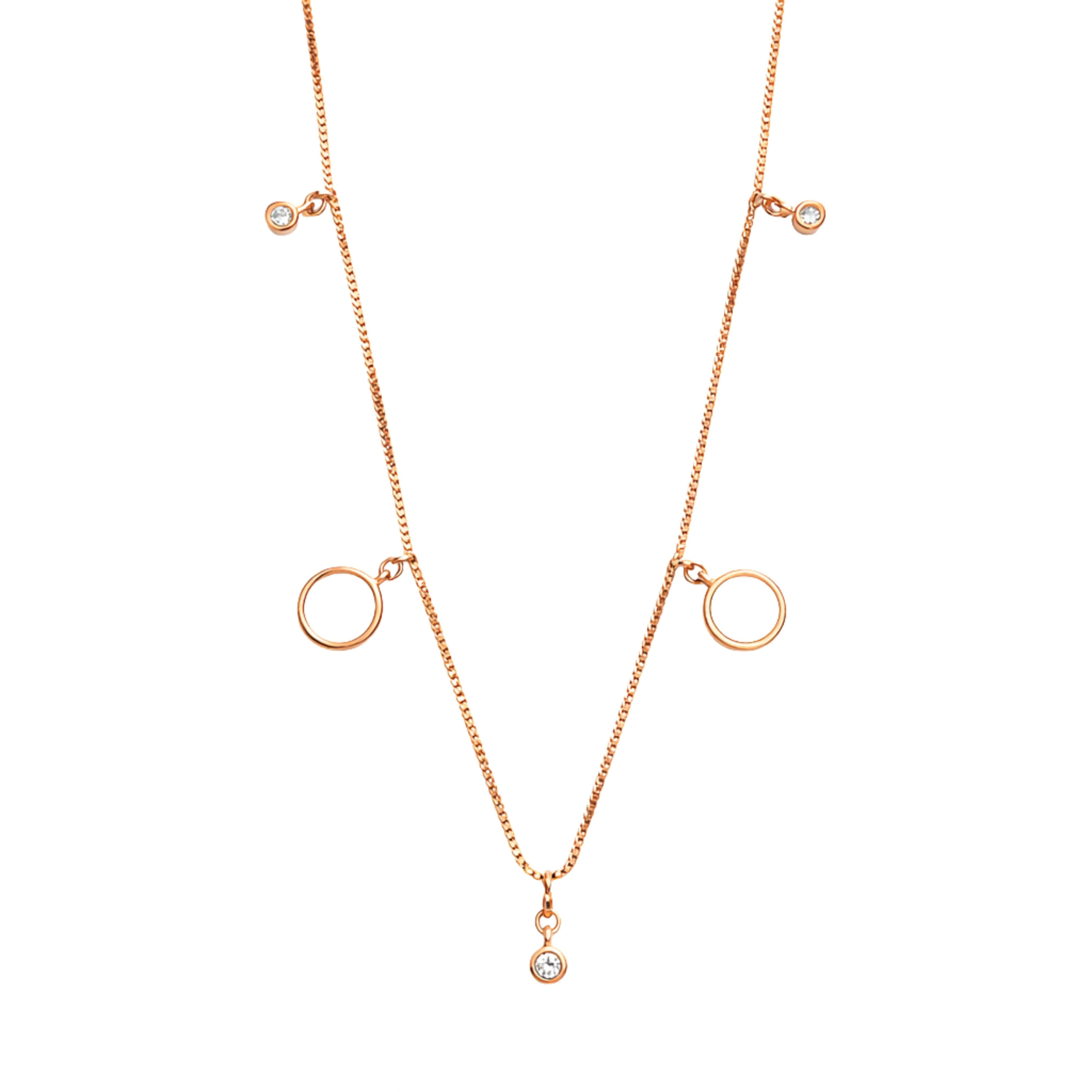 925 Sterling Silver Rose Gold Circle Charm Necklace with Bezel Stone Drops