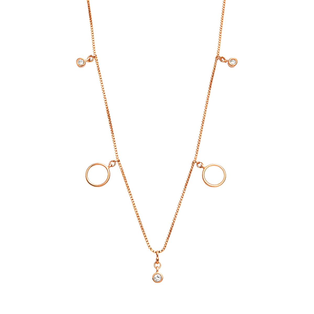 925 Sterling Silver Rose Gold Circle Charm Necklace with Bezel Stone Drops