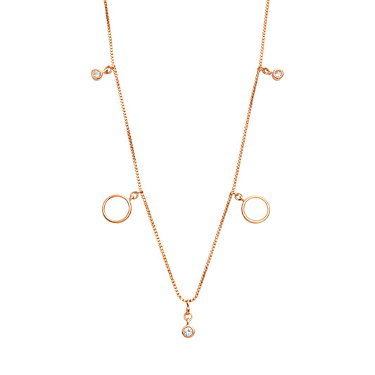 925 Sterling Silver Rose Gold Circle Charm Necklace with Bezel Stone Drops