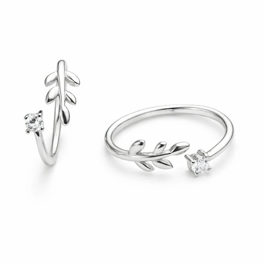 925 Sterling Silver Leaf Zircon Ring