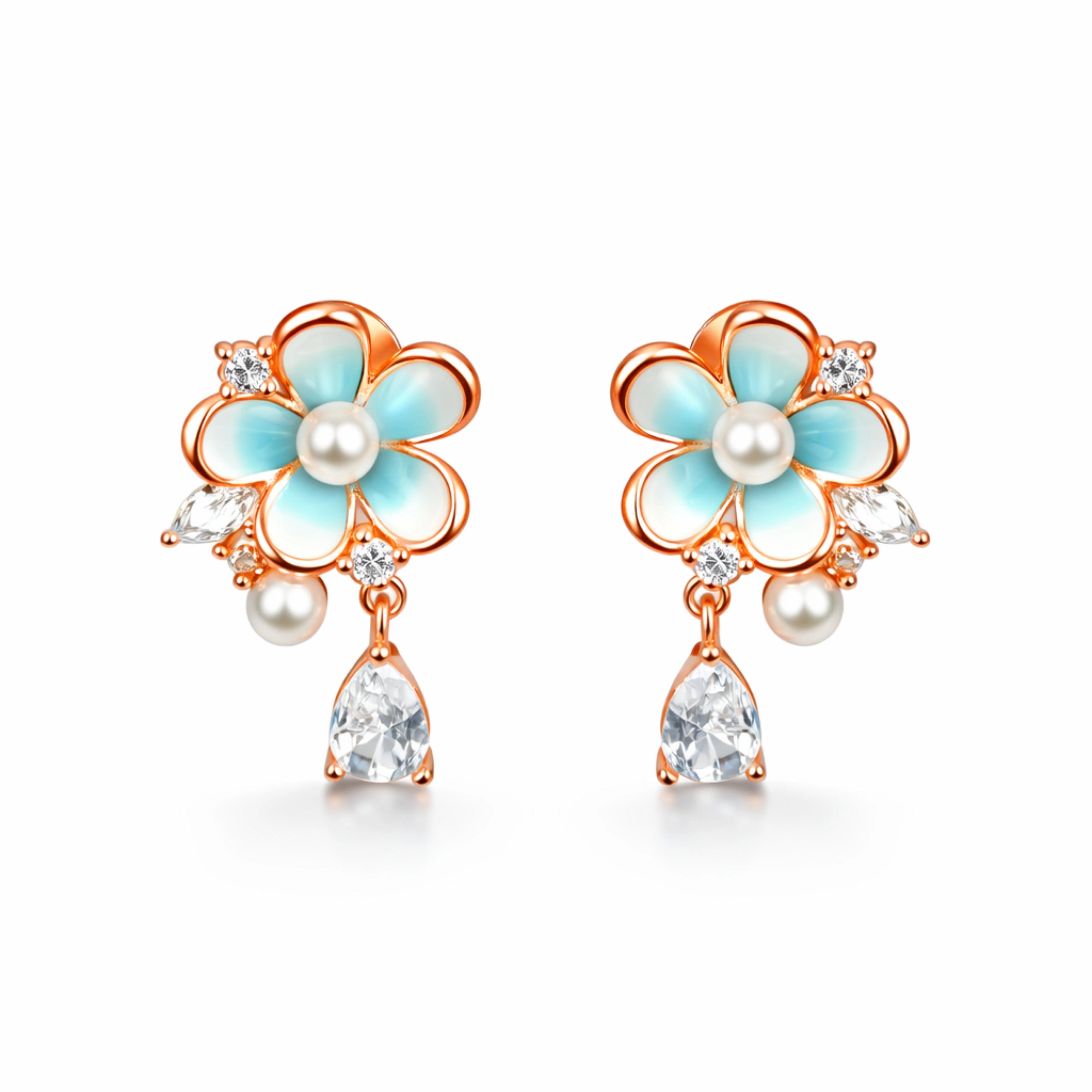 925 Sterling Silver Rose Gold Floral Drop Earrings | Turquoise Enamel Flower with Pearl & Crystal