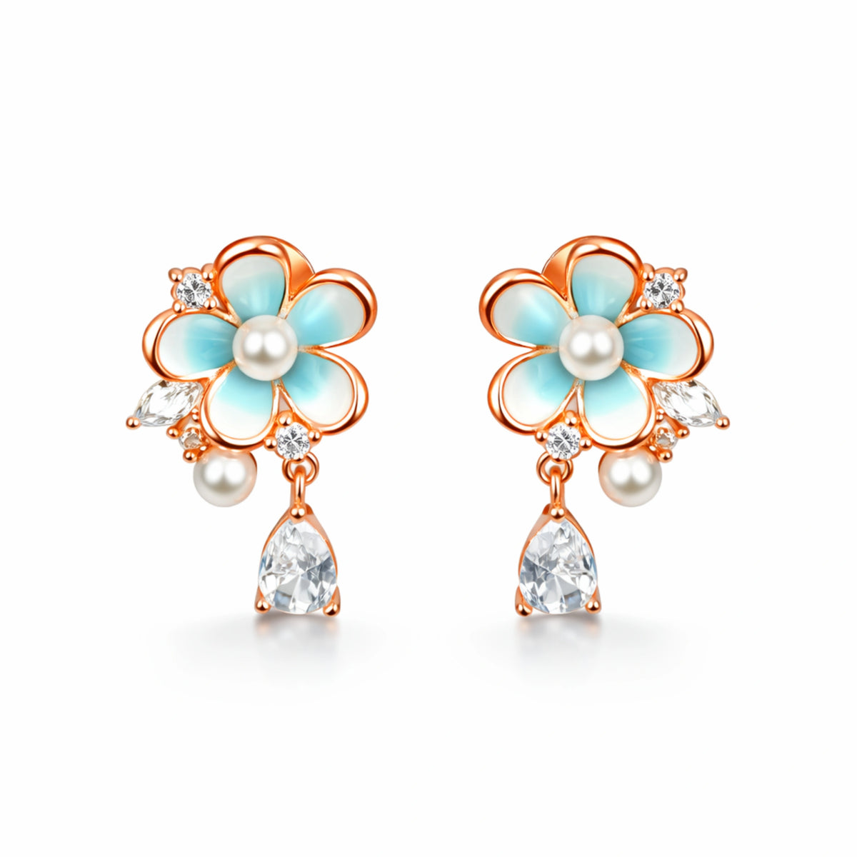 925 Sterling Silver Rose Gold Floral Drop Earrings | Turquoise Enamel Flower with Pearl & Crystal