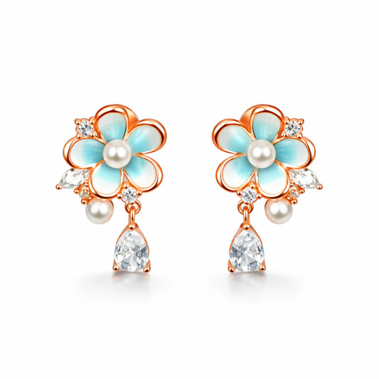 925 Sterling Silver Rose Gold Floral Drop Earrings | Turquoise Enamel Flower with Pearl & Crystal