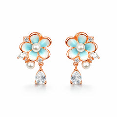 925 Sterling Silver Rose Gold Floral Drop Earrings | Turquoise Enamel Flower with Pearl & Crystal