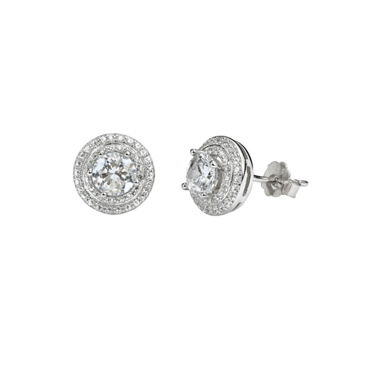 925 Sterling Silver Double Halo Solitaire Stud Earrings