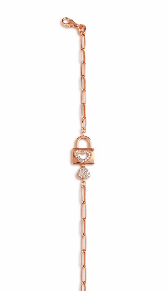925 Sterling Silver Rose Gold Heart Lock Charm Bracelet for Women