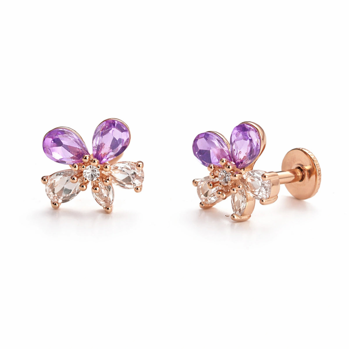 925 Sterling Silver Rose Gold Flower Stud Earrings with Purple Stones | Crystal Floral Jewelry