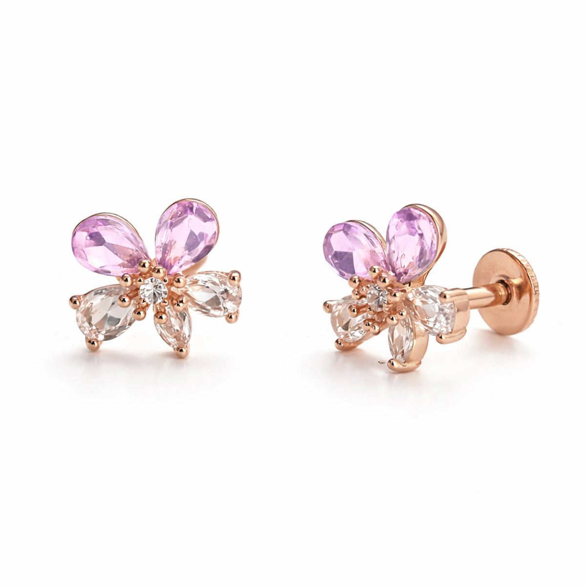 925 Sterling Silver Rose Gold Flower Stud Earrings with Pink Stones | Crystal Floral Jewelry