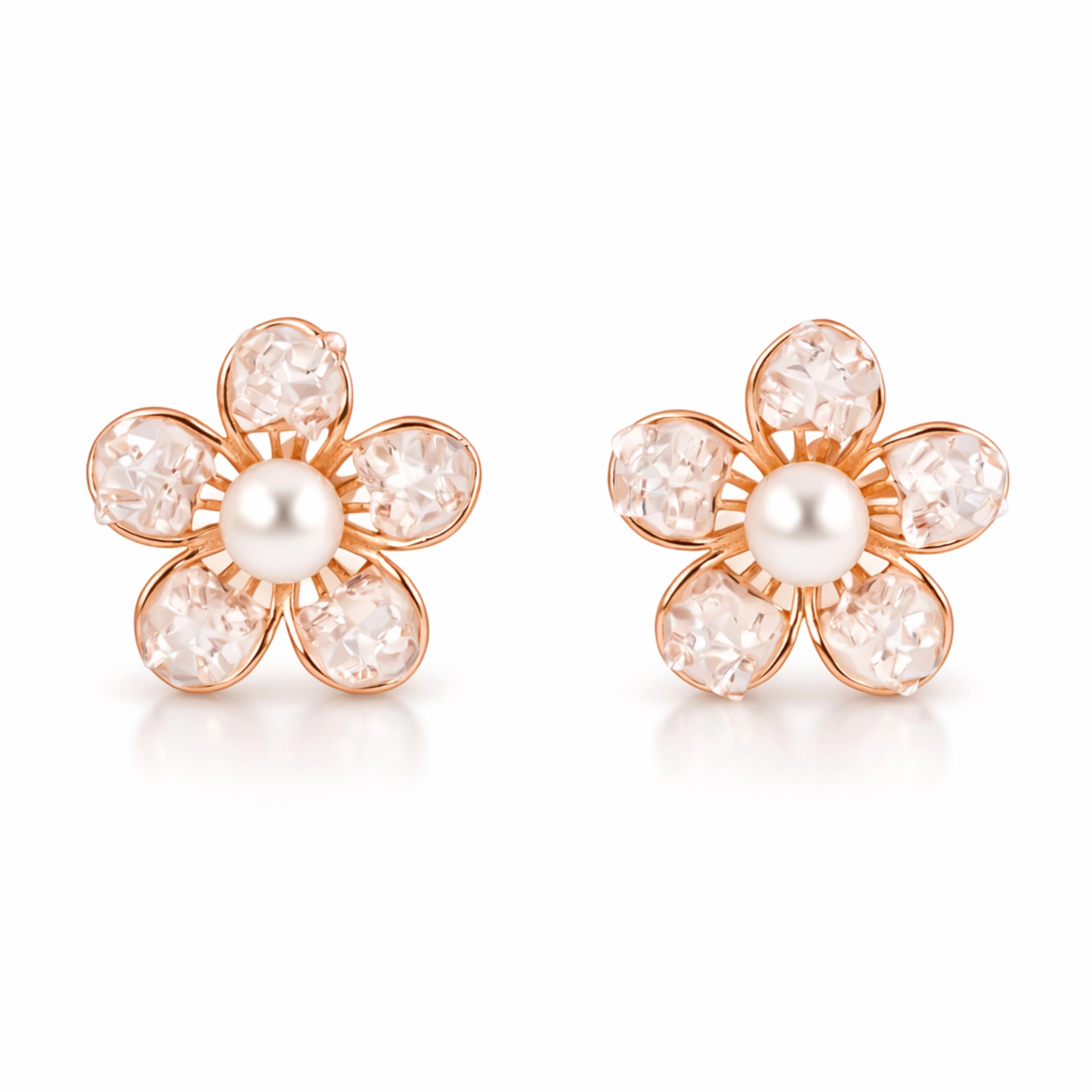 925 Sterling Silver Rose Gold Flower Stud Earrings with Pearl | Crystal Floral Jewelry for Women