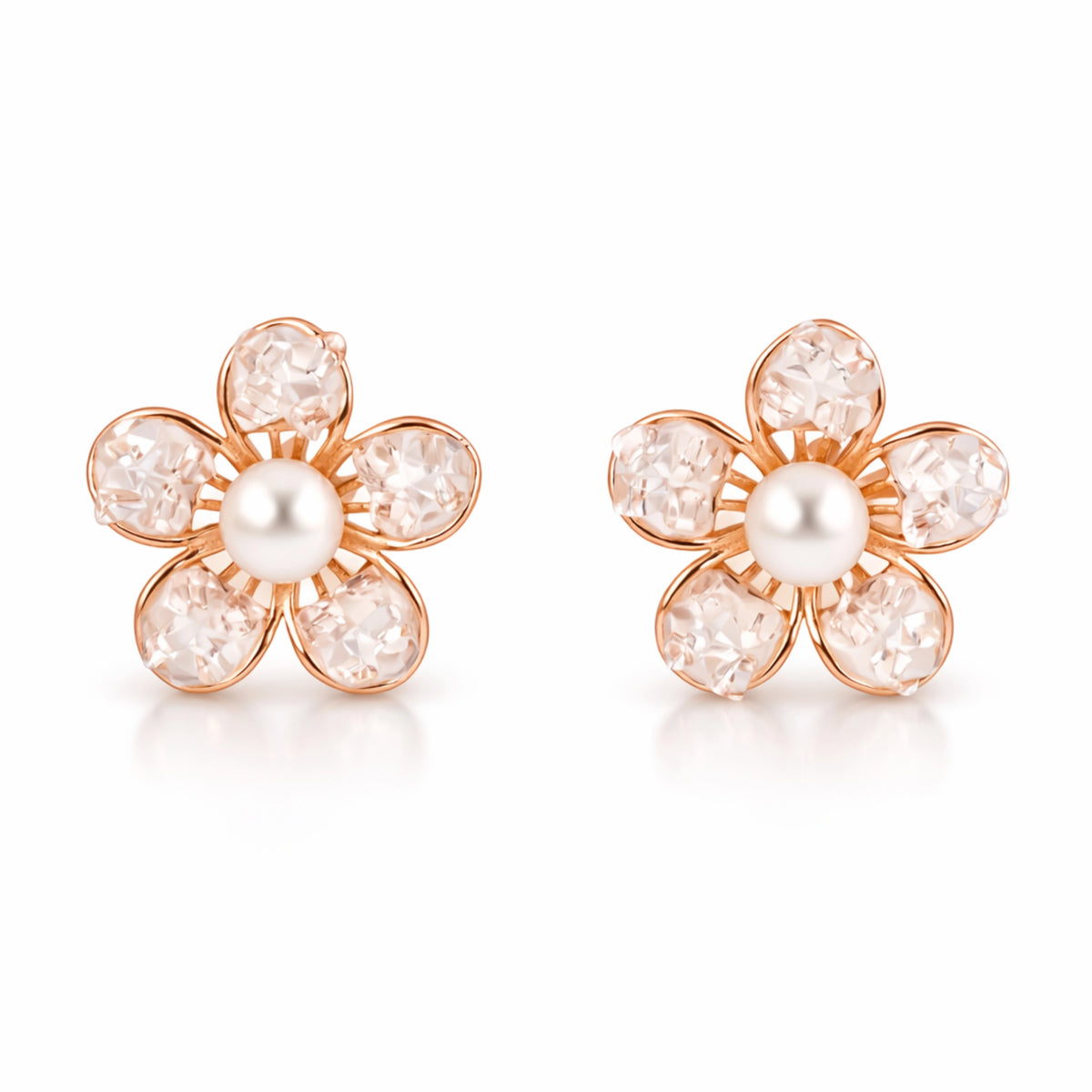 925 Sterling Silver Rose Gold Flower Stud Earrings with Pearl | Crystal Floral Jewelry for Women
