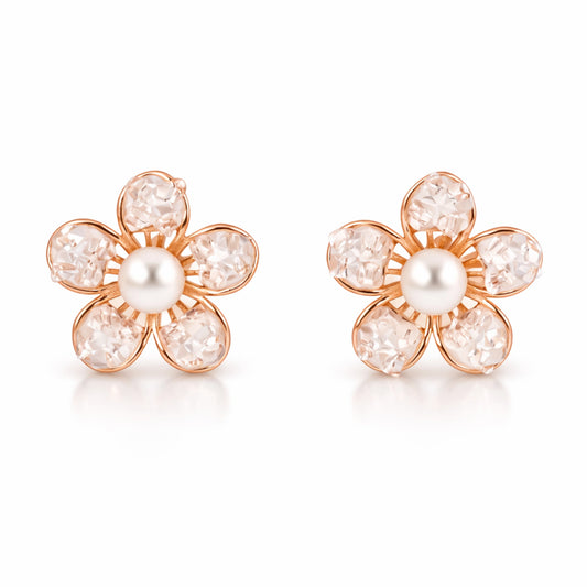 925 Sterling Silver Rose Gold Flower Stud Earrings with Pearl | Crystal Floral Jewelry for Women