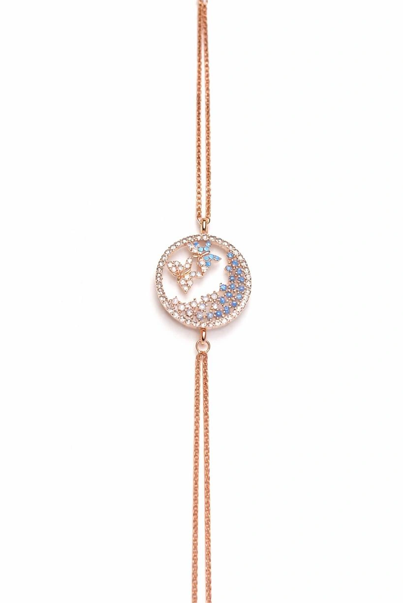 925 Sterling Silver Rose Gold Butterfly Moon Charm Bracelet with CZ
