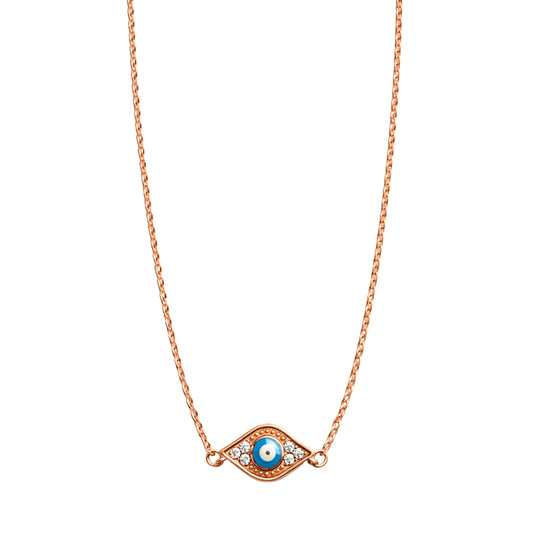 925 Sterling Silver Rose Gold Evil Eye Necklace with CZ Stones