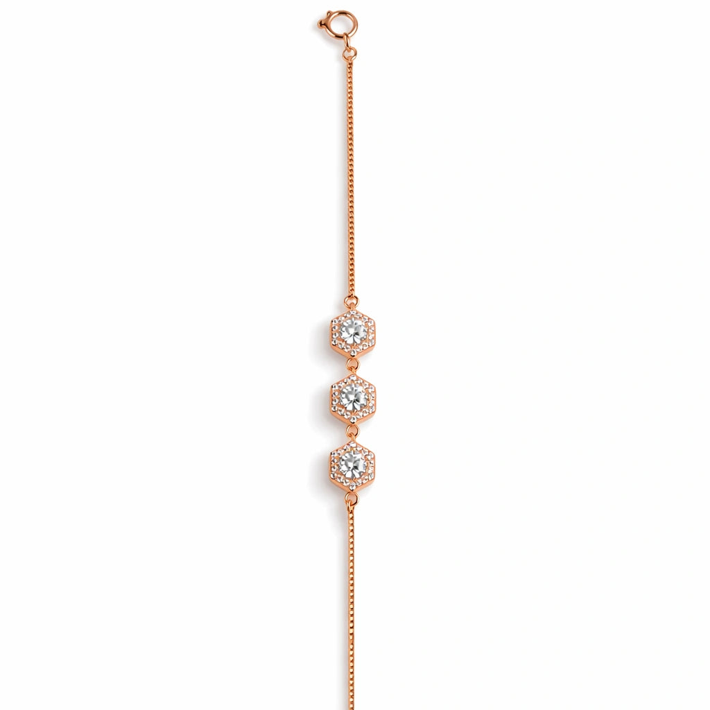 925 Sterling Silver Rose Gold Hexagon Crystal Station Bracelet