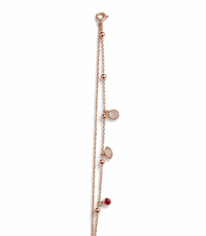 925 Silver Rose Gold Plated Multi-Charm Bracelet with CZ & Ruby Stone
