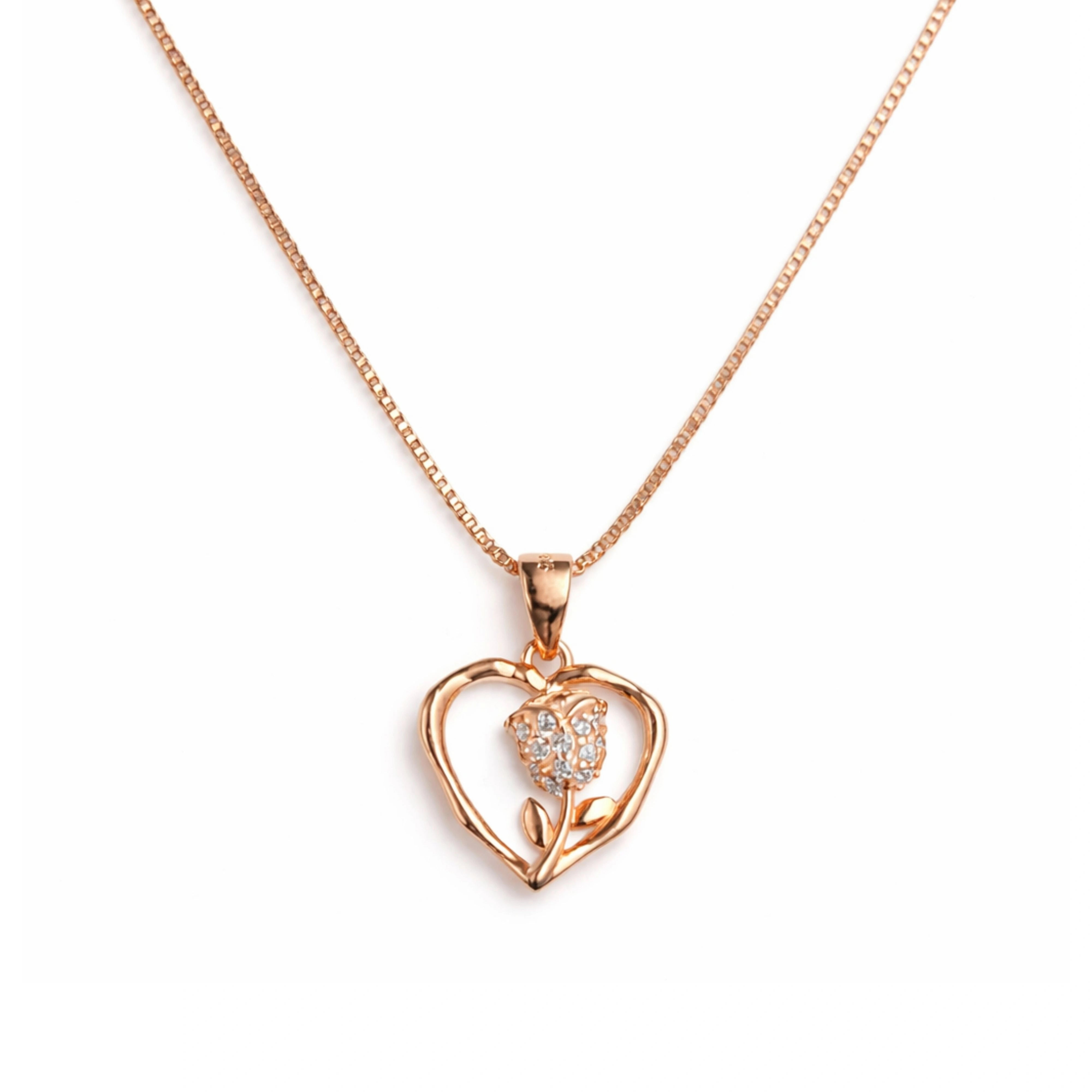925 Silver Rose Gold Heart Flower Pendant Necklace