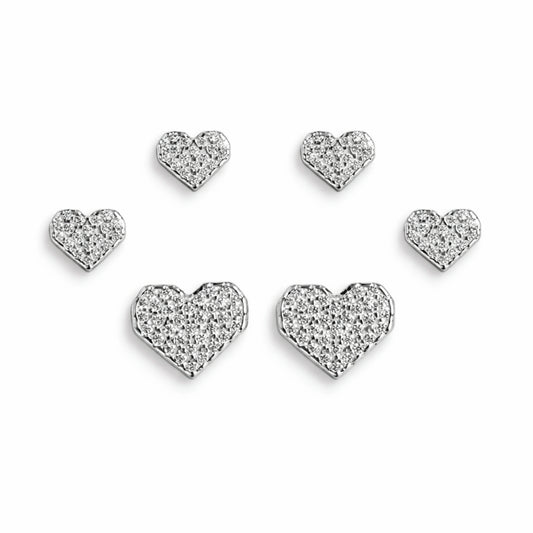 925 Sterling Silver Heart Stud Earrings Set | 3 Pair CZ Sparkling Heart Studs