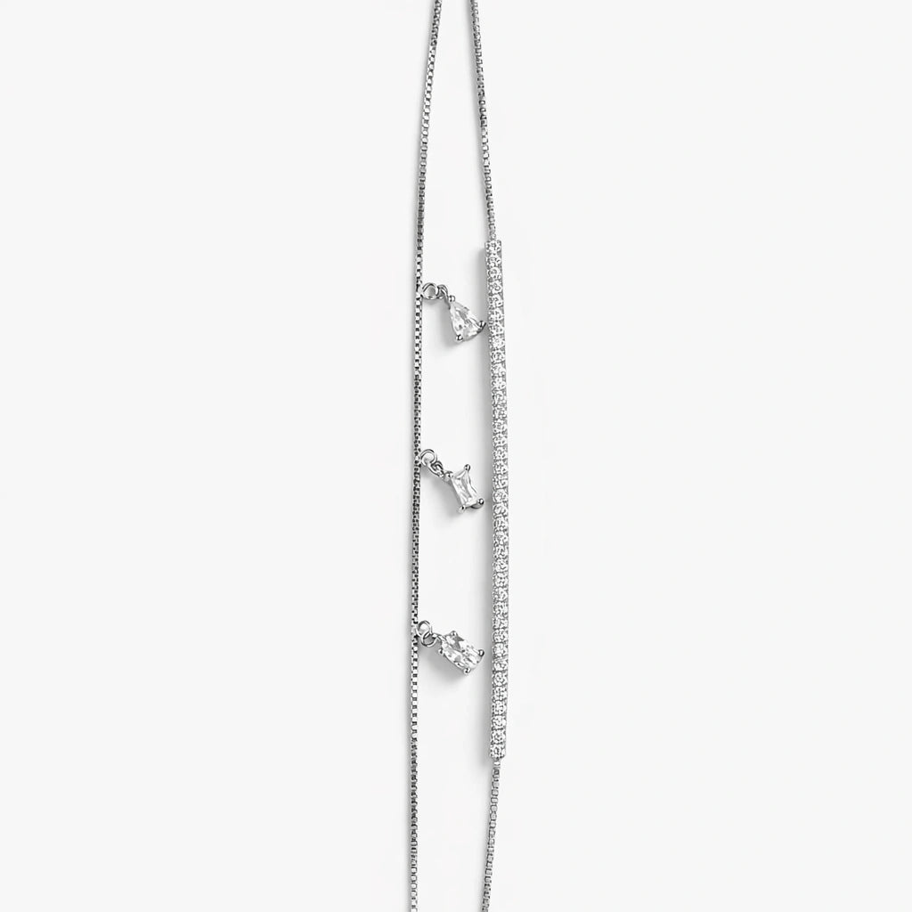 925 Sterling Silver CZ Bar Bracelet with Dangle Crystal Charms