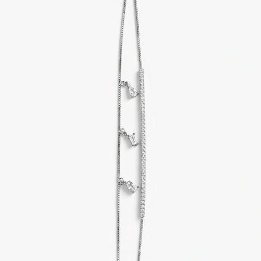 Sterling Silver CZ Bar Bracelet with Dangle Crystal Charms