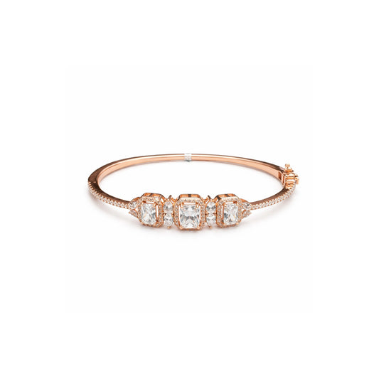 925 Sterling Silver Rose Gold Kada Bracelet for Women – Triple Emerald Cut Stone Designer Bangle