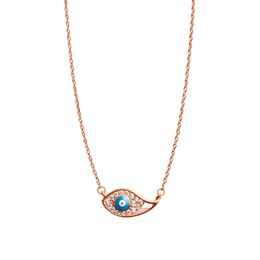 925 Sterling Silver Rose Gold Evil Eye Necklace with CZ Stones