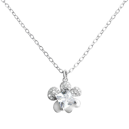 925 Sterling Silver Flower Pendant Necklace with Princess Cut CZ