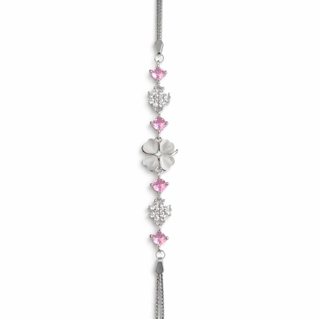 925 Sterling Silver Pink Crystal Clover Flower Bracelet
