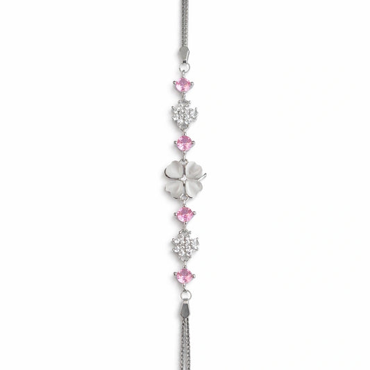 925 Sterling Silver Pink Crystal Clover Flower Bracelet