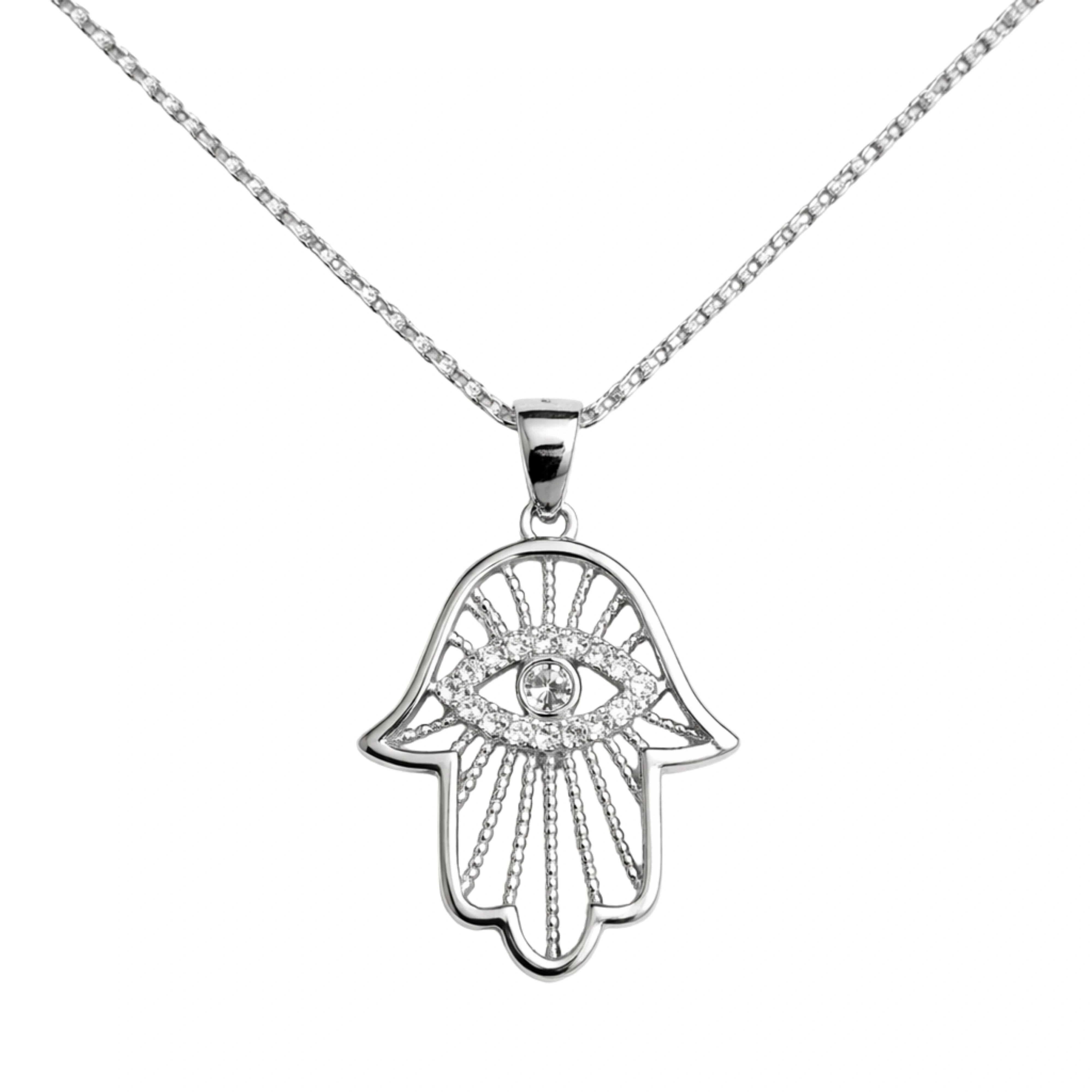 925 Sterling Silver Hamsa Hand Evil Eye Pendant Necklace