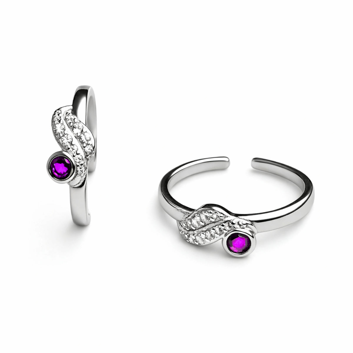 925 Silver Purple Crystal Adjustable Ring