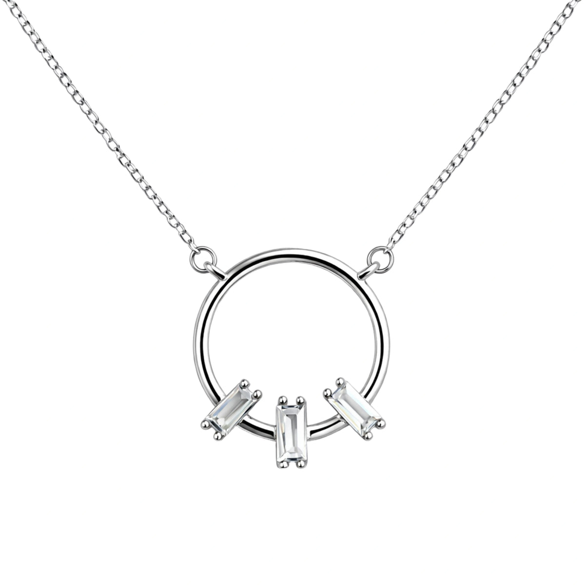 925 Sterling Silver Circle Pendant Necklace with Baguette CZ Stones