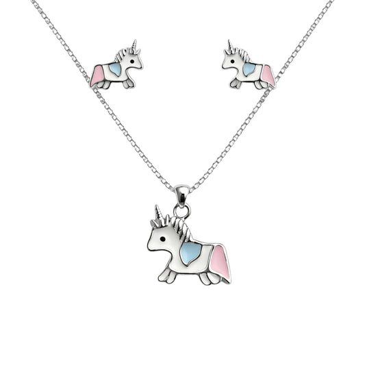 925 Sterling Silver Unicorn Pendant Necklace & Earrings Set