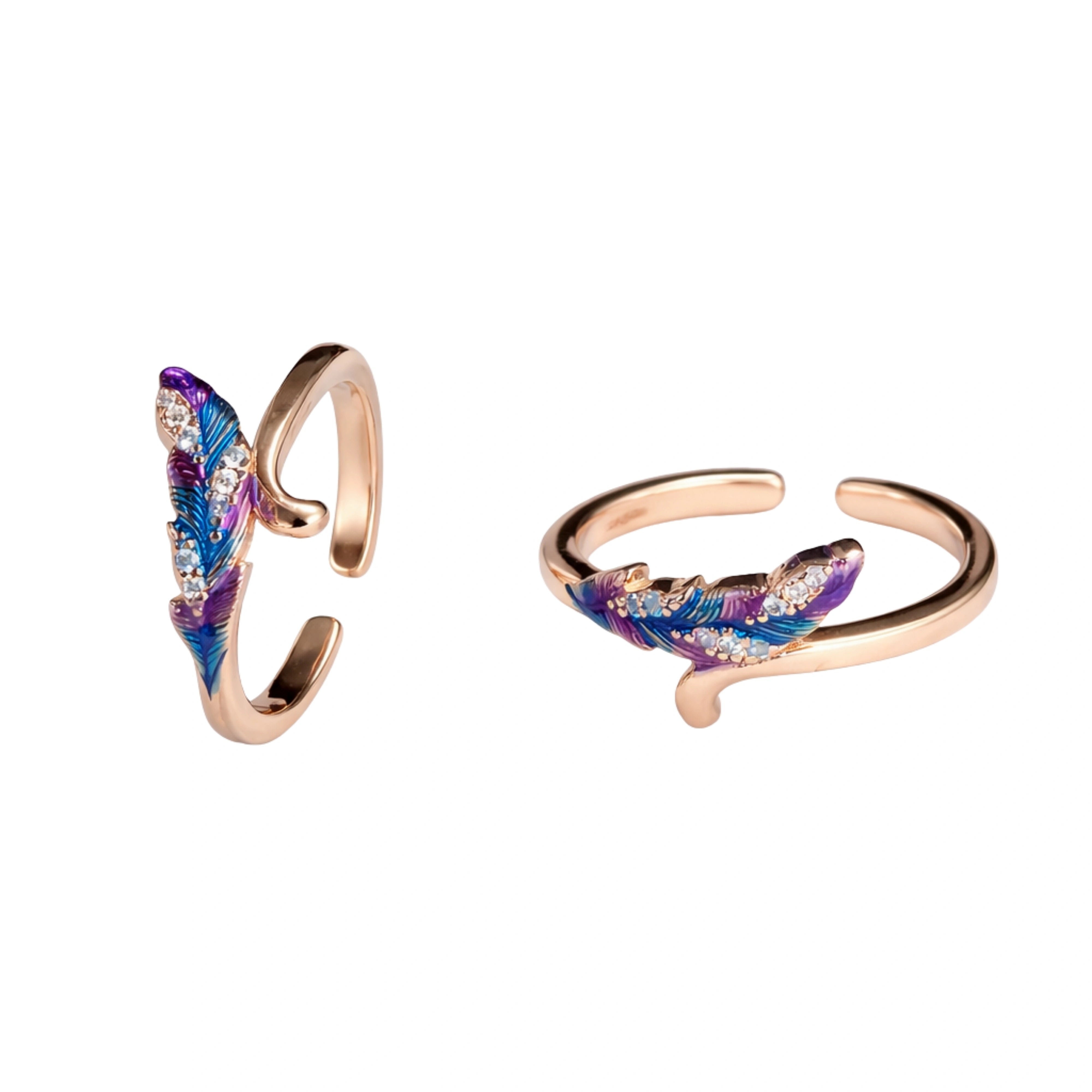 925 Sterling Silver Rose Gold Toe Ring | Multicolor Feather Leaf Enamel Adjustable Band