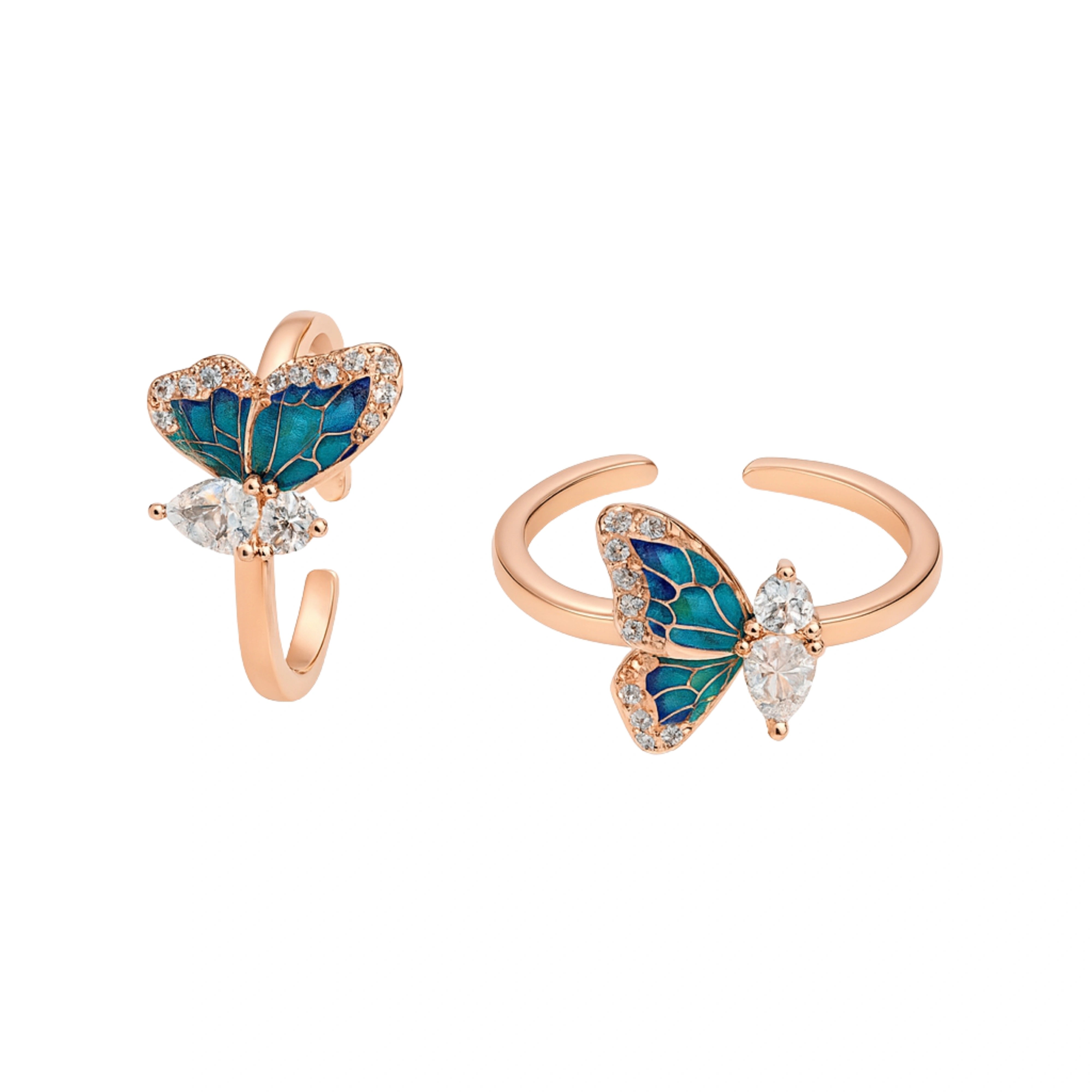 925 Sterling Silver Rose Gold Toe Ring | Blue Butterfly Enamel Adjustable Open Band