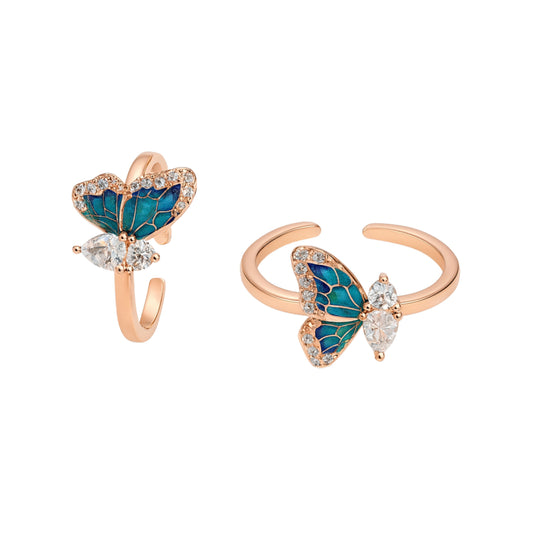 925 Sterling Silver Rose Gold Toe Ring | Blue Butterfly Enamel Adjustable Open Band