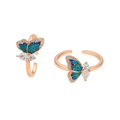 925 Sterling Silver Rose Gold Toe Ring | Blue Butterfly Enamel Adjustable Open Band