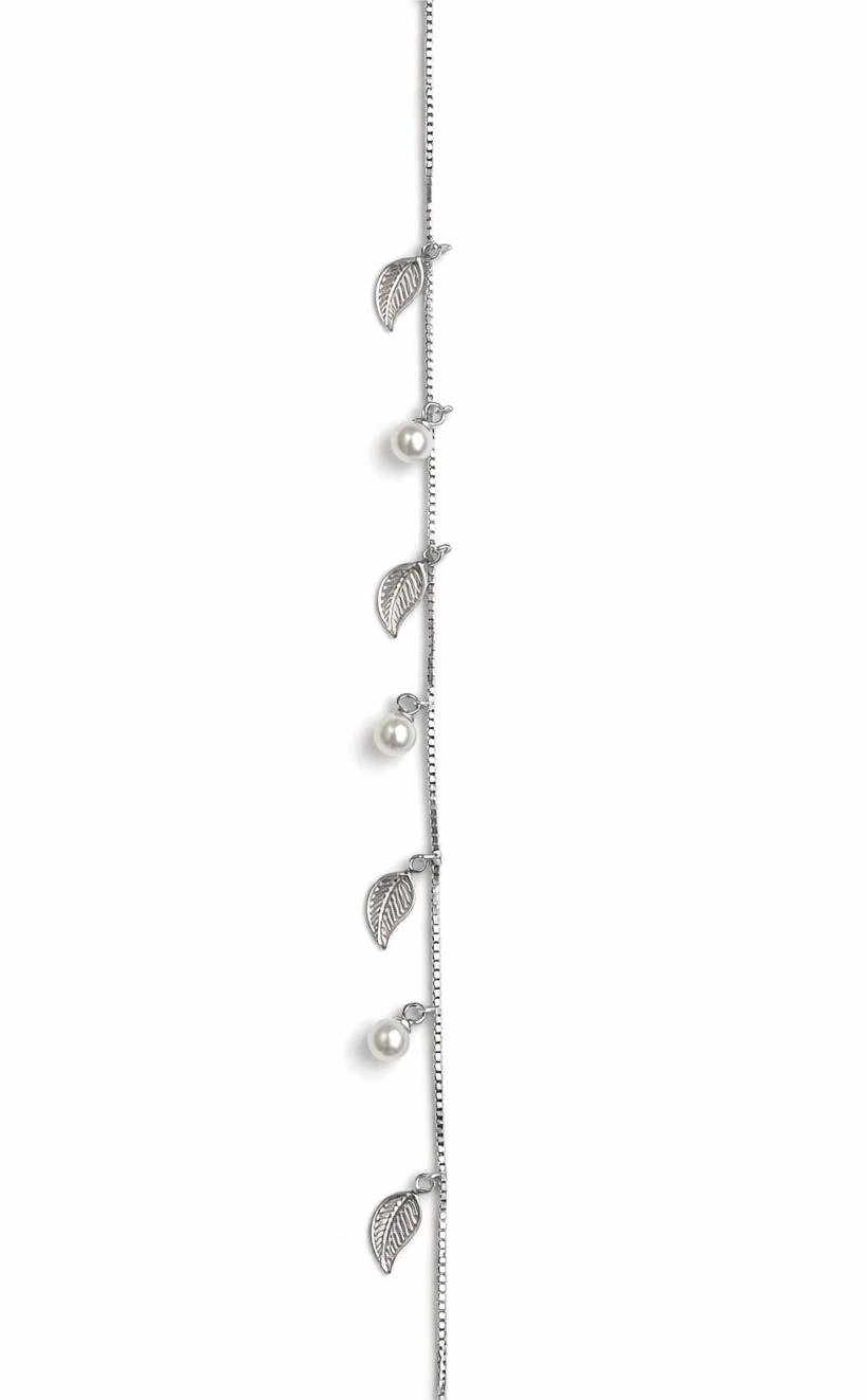 925 Sterling Silver Leaf Charm Bracelet with Pearl Drops