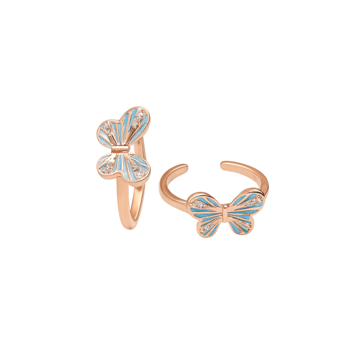 925 Sterling Silver Rose Gold Toe Ring | Blue Butterfly Enamel Adjustable Open Band