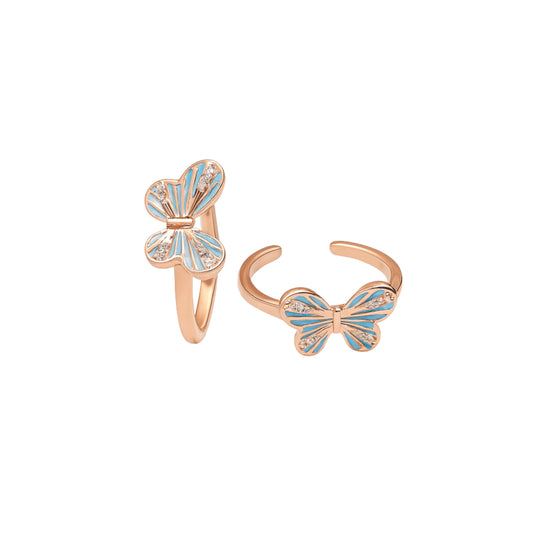 925 Sterling Silver Rose Gold Toe Ring | Blue Butterfly Enamel Adjustable Open Band