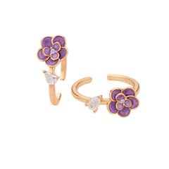 925 Sterling Silver Rose Gold Toe Ring | Purple Flower Enamel Adjustable Open Band
