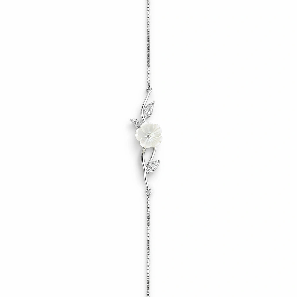 925 Sterling Silver Floral Mother of Pearl Bracelet with CZ Leaves