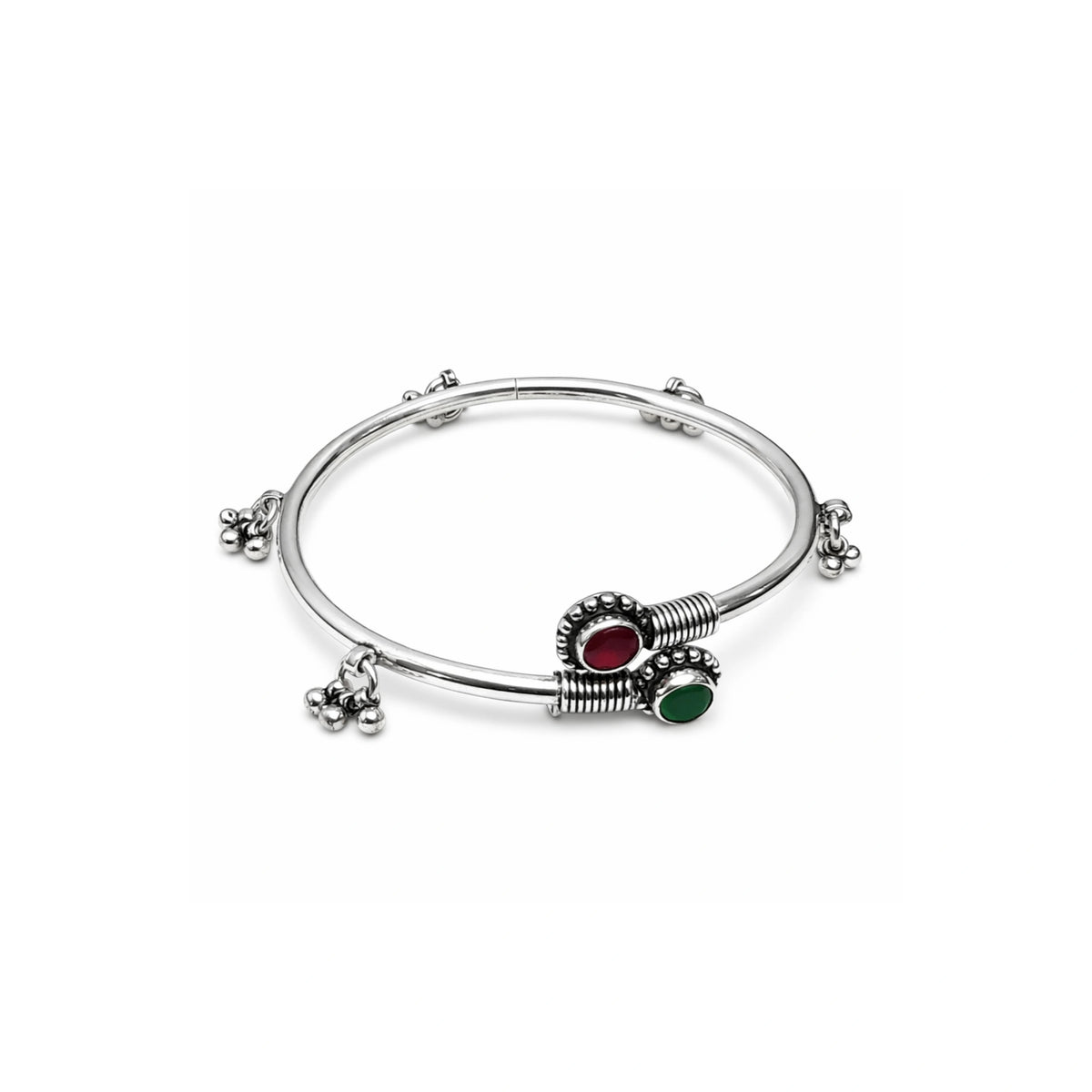 925 Sterling Silver Traditional Kada with Red & Green Stone – Oxidized Charm Bangle for Women