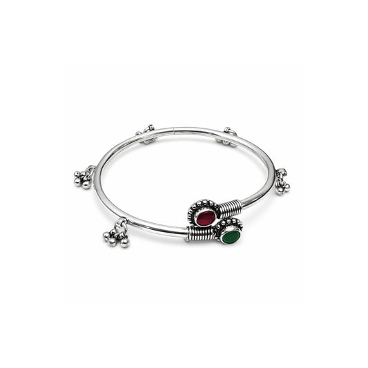925 Sterling Silver Traditional Kada with Red & Green Stone – Oxidized Charm Bangle for Women