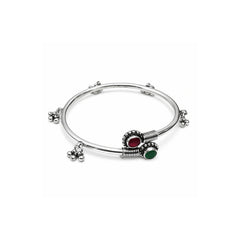 925 Sterling Silver Traditional Kada with Red & Green Stone – Oxidized Charm Bangle for Women