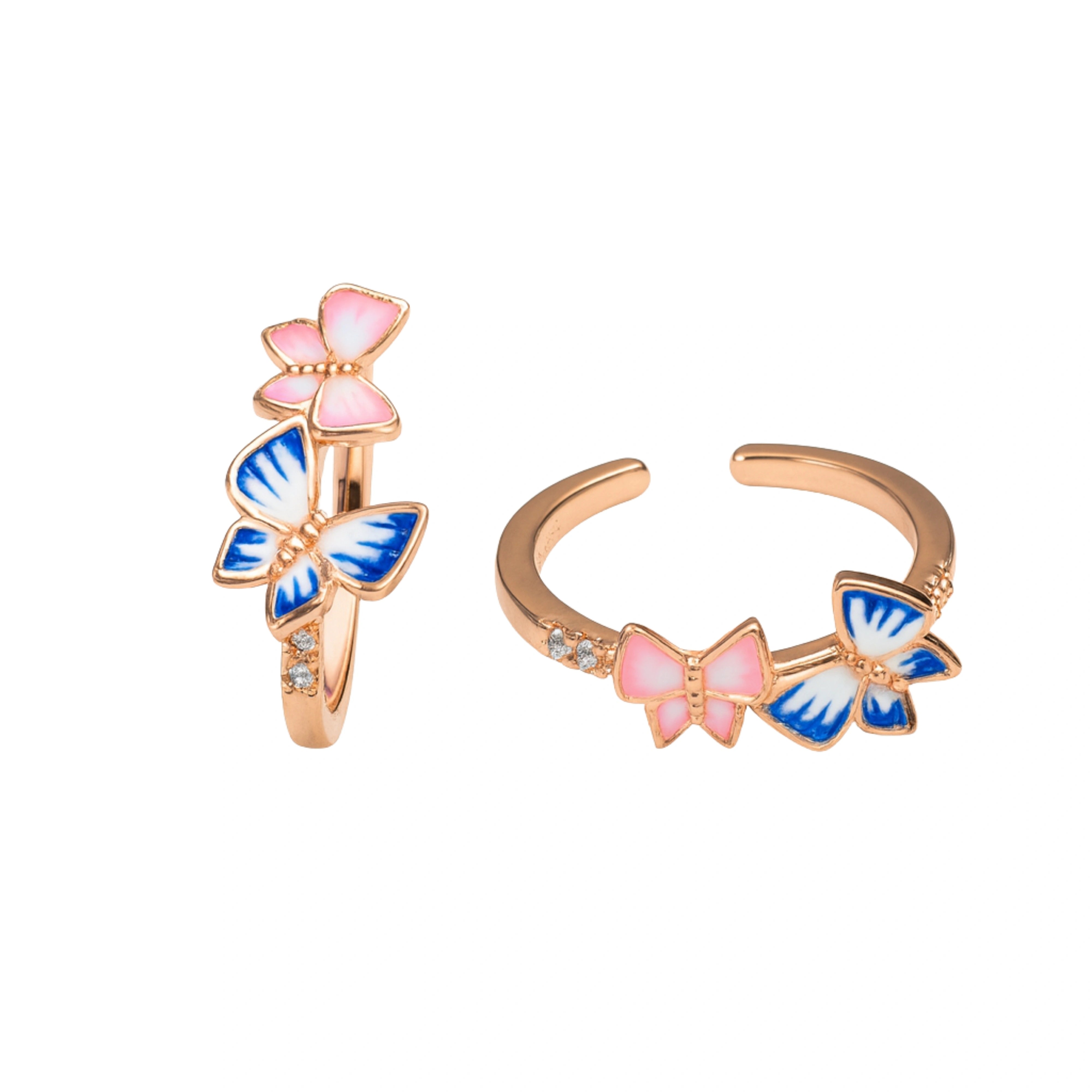 925 Sterling Silver Rose Gold Toe Ring | Pink & Blue Butterfly Enamel Adjustable Band
