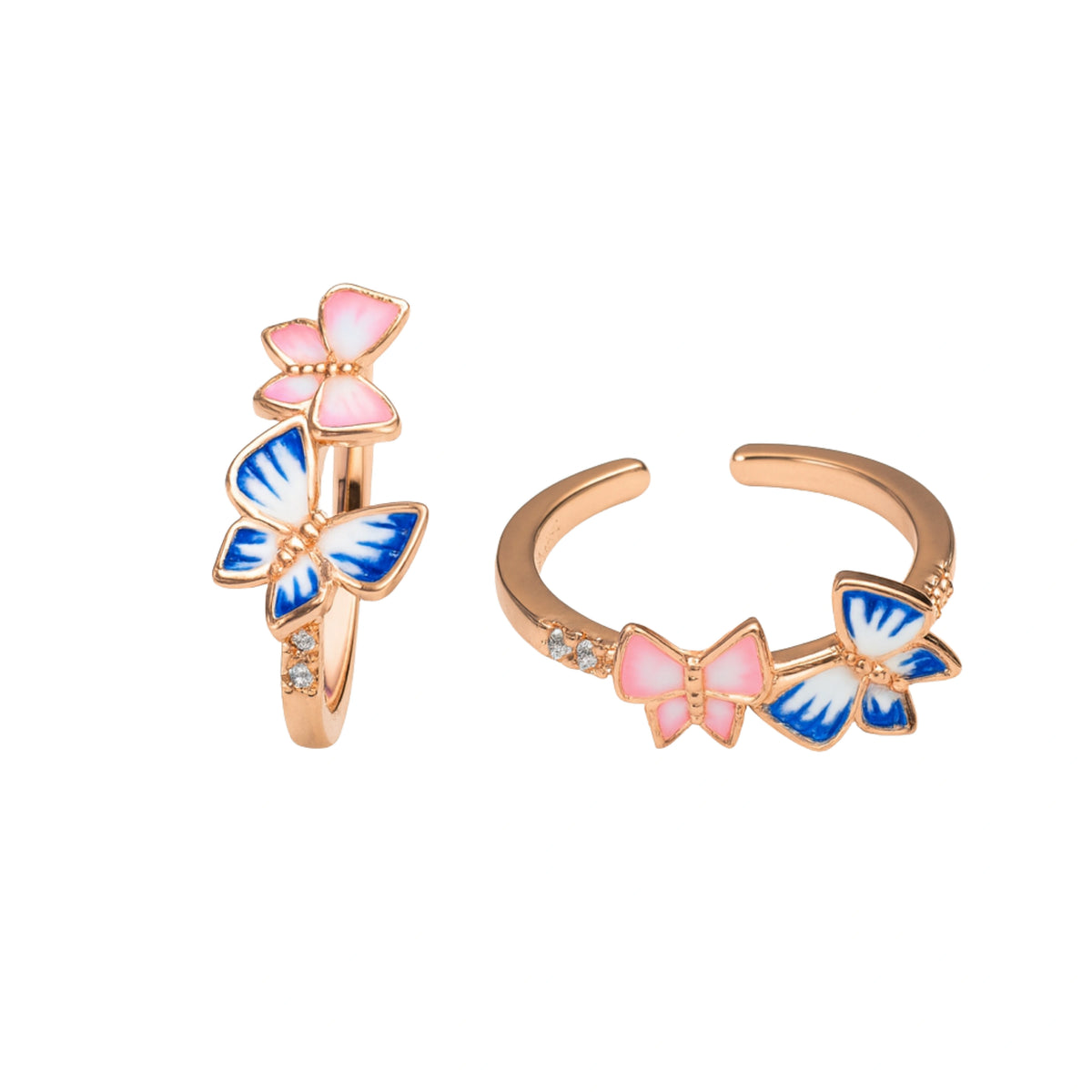 925 Sterling Silver Rose Gold Toe Ring | Pink & Blue Butterfly Enamel Adjustable Band