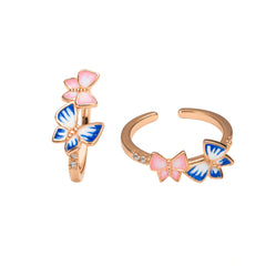 925 Sterling Silver Rose Gold Toe Ring | Pink & Blue Butterfly Enamel Adjustable Band