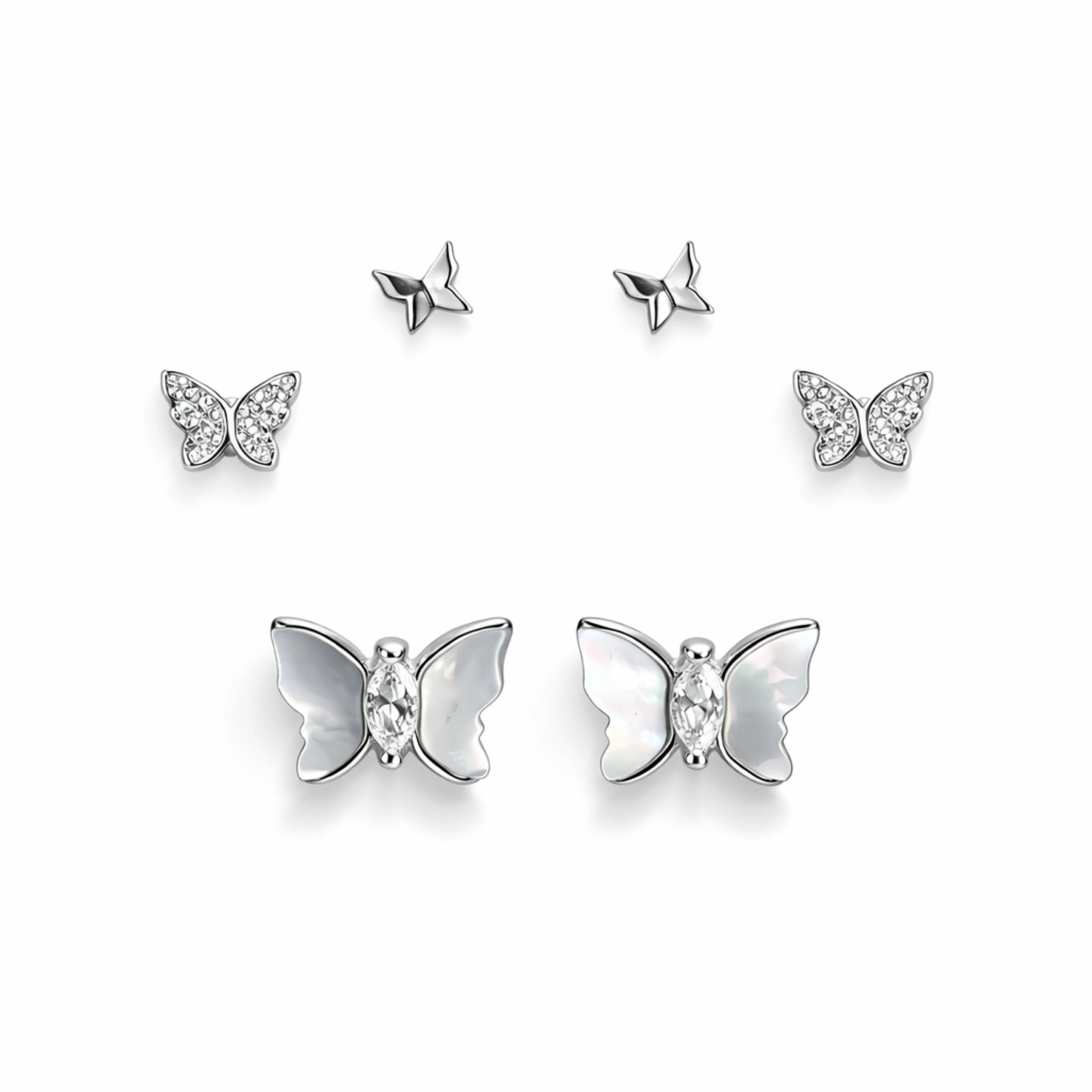 925 Sterling Silver Butterfly Stud Earrings Set | 3 Pair CZ & MOP Butterfly Studs