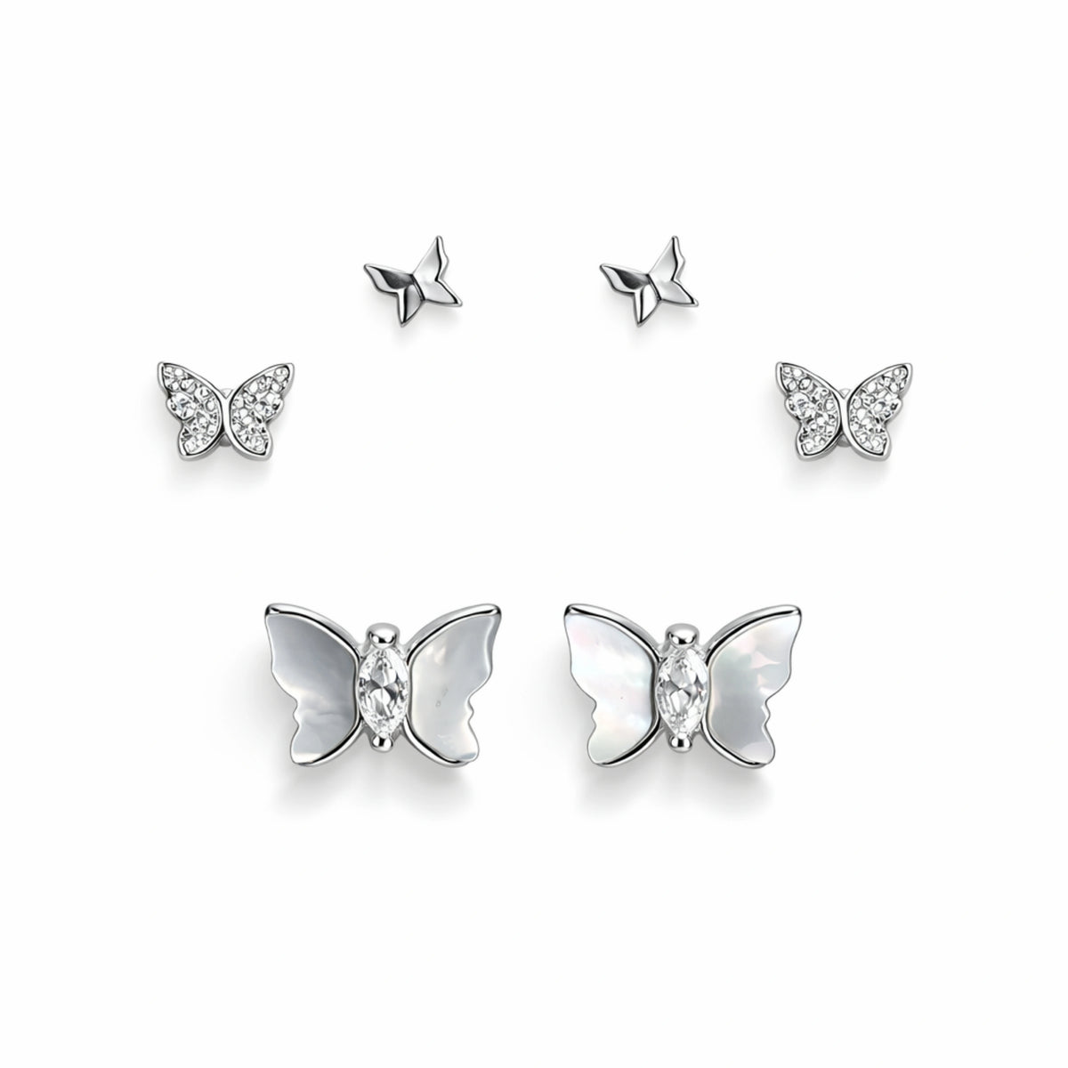 925 Sterling Silver Butterfly Stud Earrings Set | 3 Pair CZ & MOP Butterfly Studs